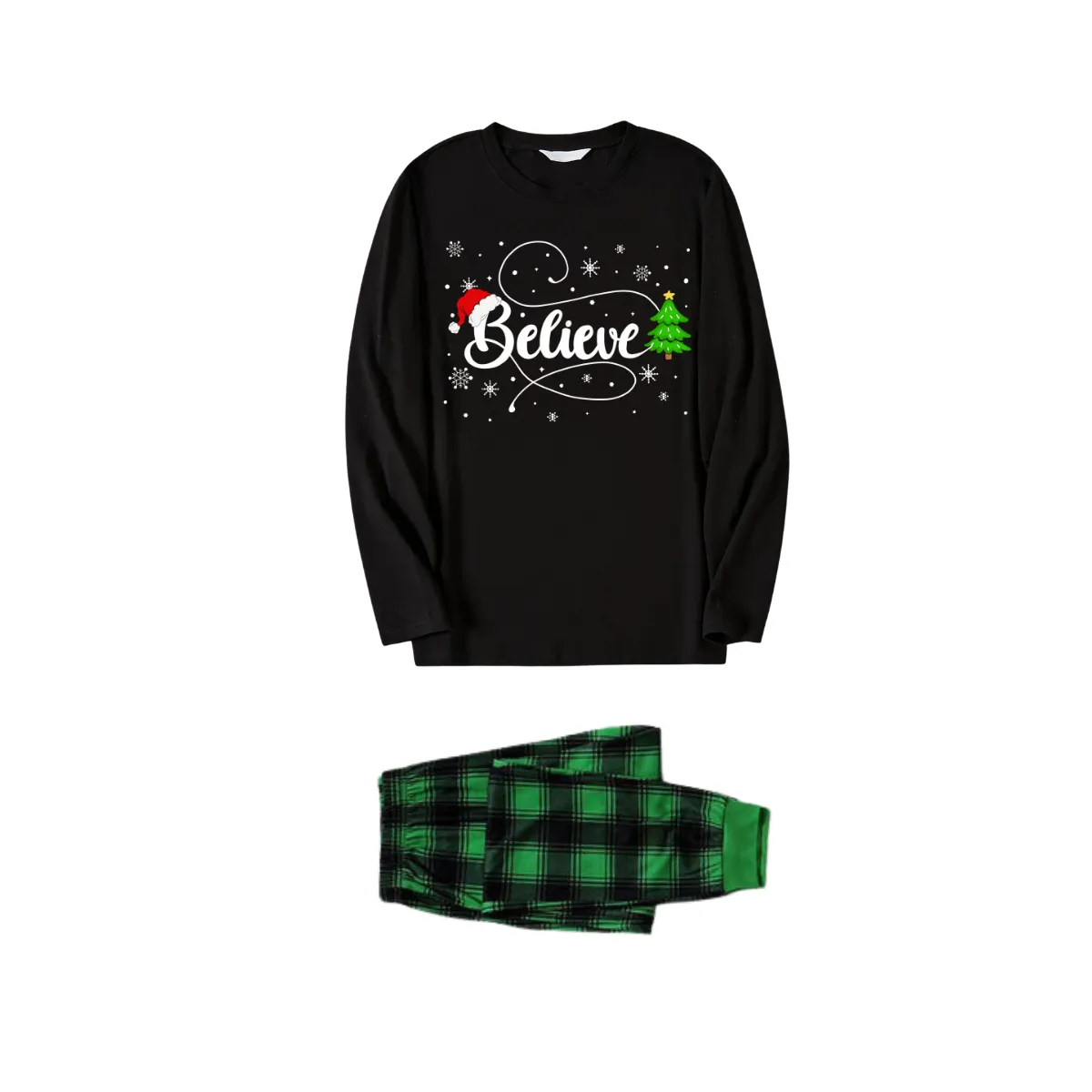 Christmas "Believe" Text and Tree Print Black Long Sleeve Top with Green and Black Plaid Family Matching Pajamas