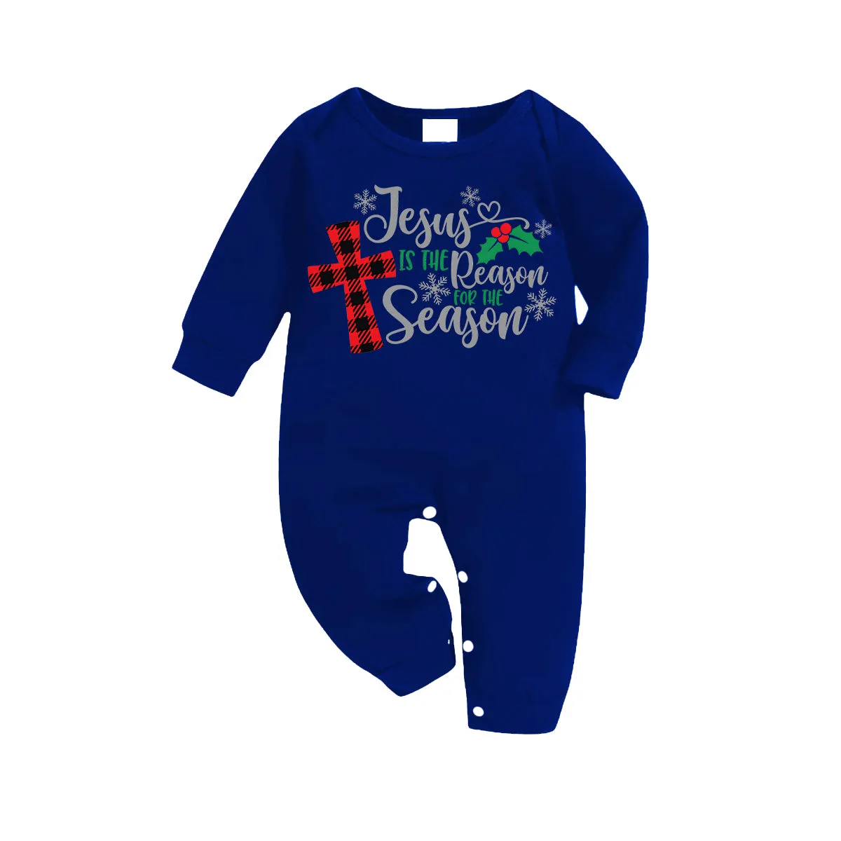 Christmas "Jesus is the Reason of the Season" Letter Print Patterned Blue Long Sleeves with Blue&White&Black Plaid Pants Family Matching Pajamas