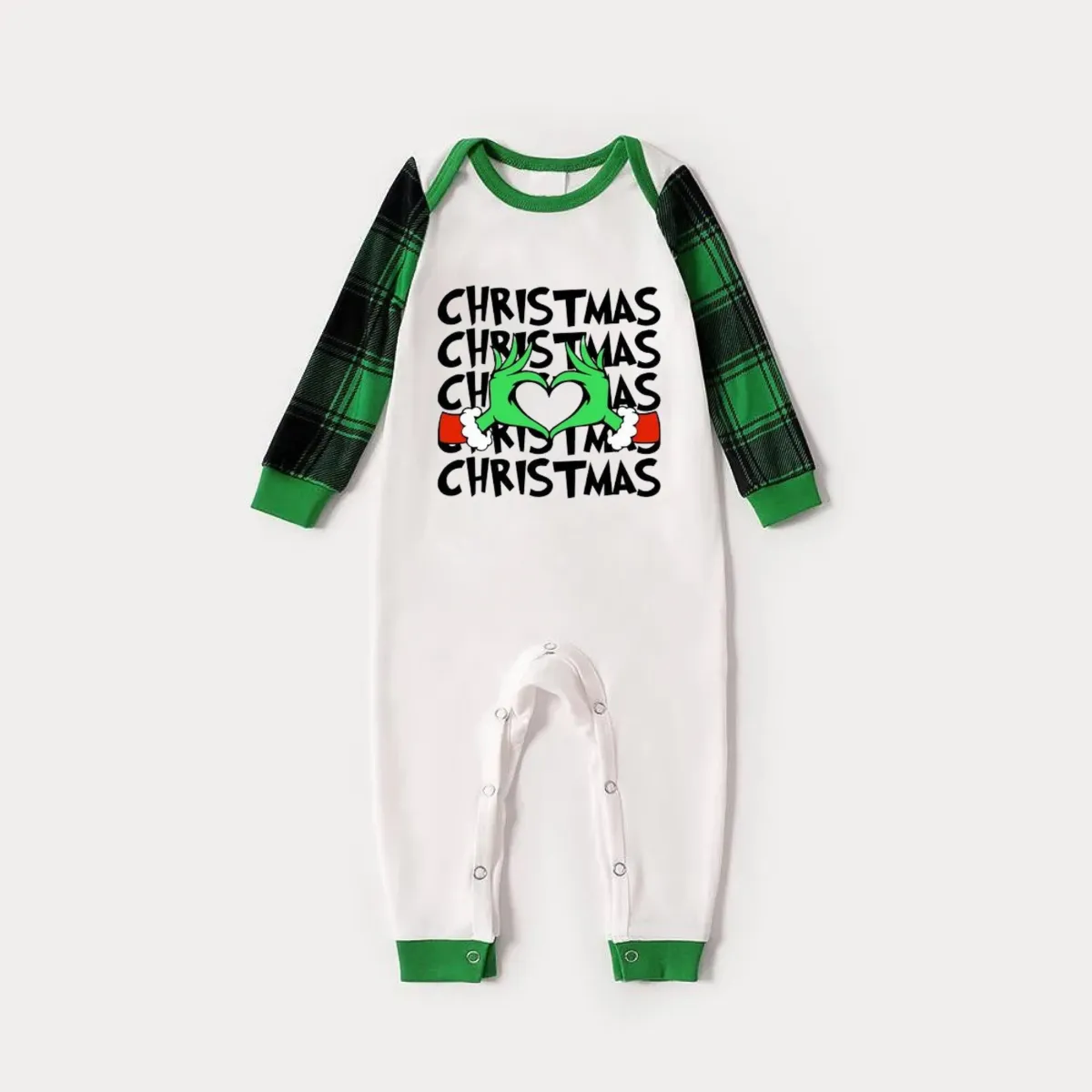 Christmas Text and Cartoon Pattern Print Long Sleeve Top With Green & Black Plaid Christmas Matching Pajamas