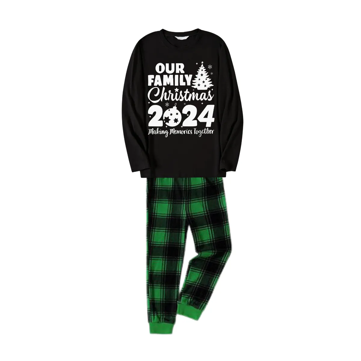 Christmas Tree & "Making Memories Together" 2024 Patterned Black Long Sleeve Top with Green and Black Plaid Family Matching Pajamas