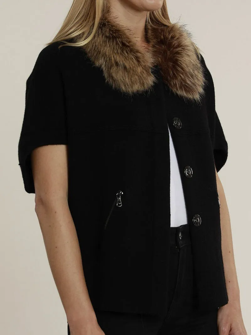 Cocoon Sweater and Faux Fur Trim - Black and Chestnut