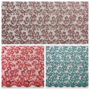 Corded french design-embroider with sequins on a mesh lace fabric-prom-nightgown-decorations-sold by the yard