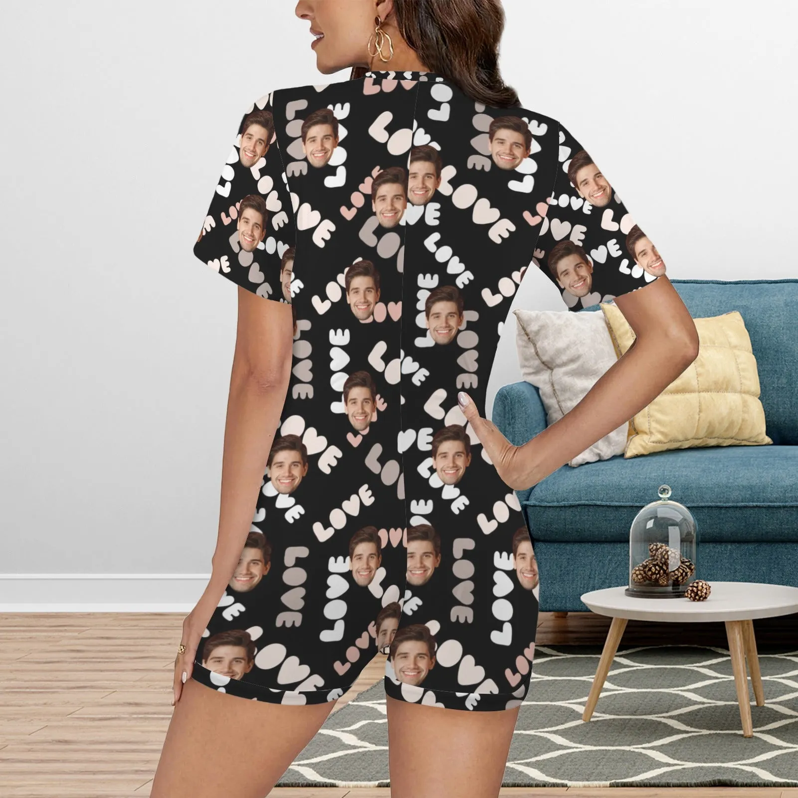Couple Matching Short Sleeve Onesies Pajamas Custom Face Love Women's V-Neck Button Jumpsuit Men's Rompers