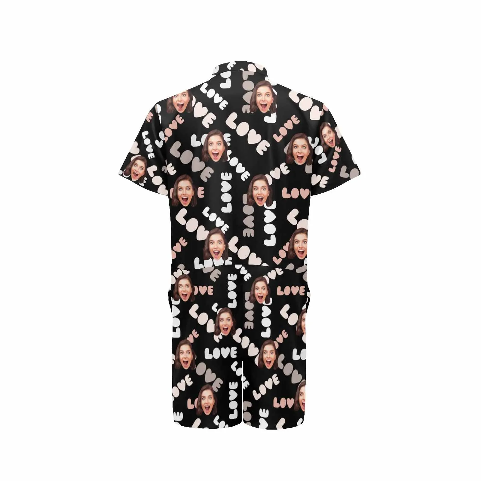 Couple Matching Short Sleeve Onesies Pajamas Custom Face Love Women's V-Neck Button Jumpsuit Men's Rompers