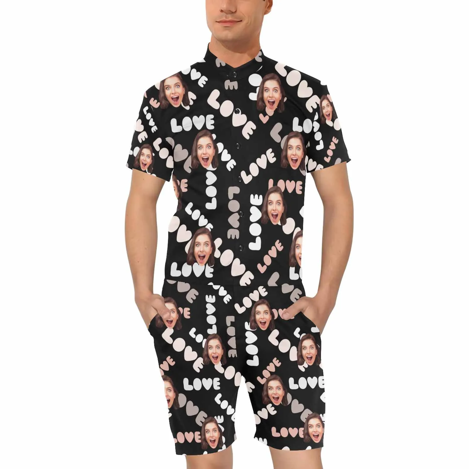 Couple Matching Short Sleeve Onesies Pajamas Custom Face Love Women's V-Neck Button Jumpsuit Men's Rompers