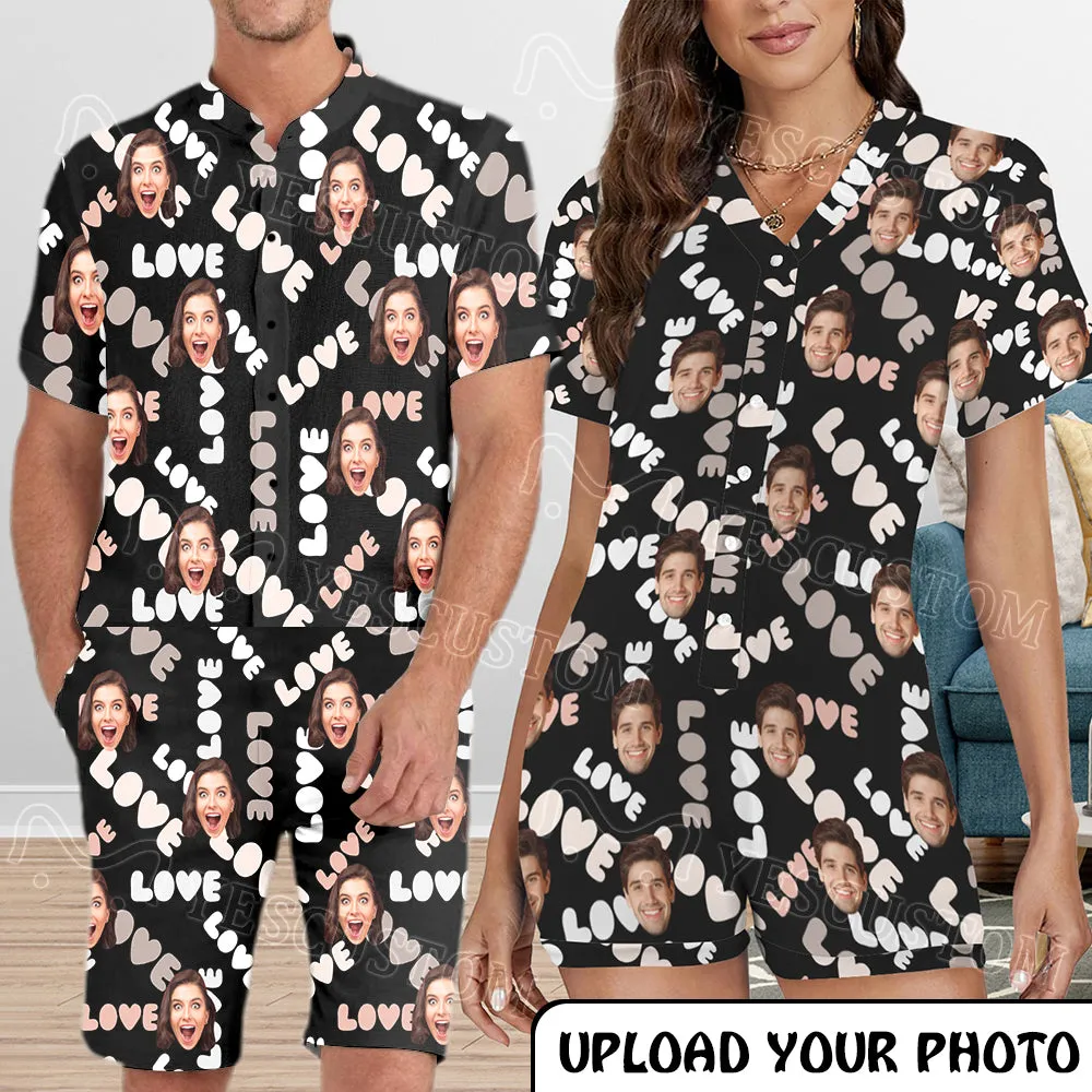 Couple Matching Short Sleeve Onesies Pajamas Custom Face Love Women's V-Neck Button Jumpsuit Men's Rompers