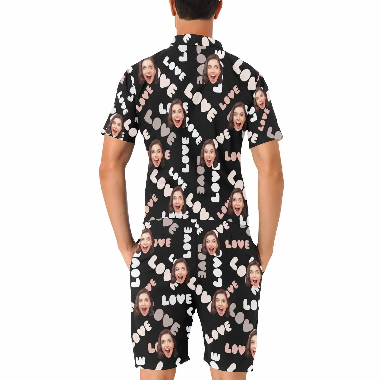 Couple Matching Short Sleeve Onesies Pajamas Custom Face Love Women's V-Neck Button Jumpsuit Men's Rompers
