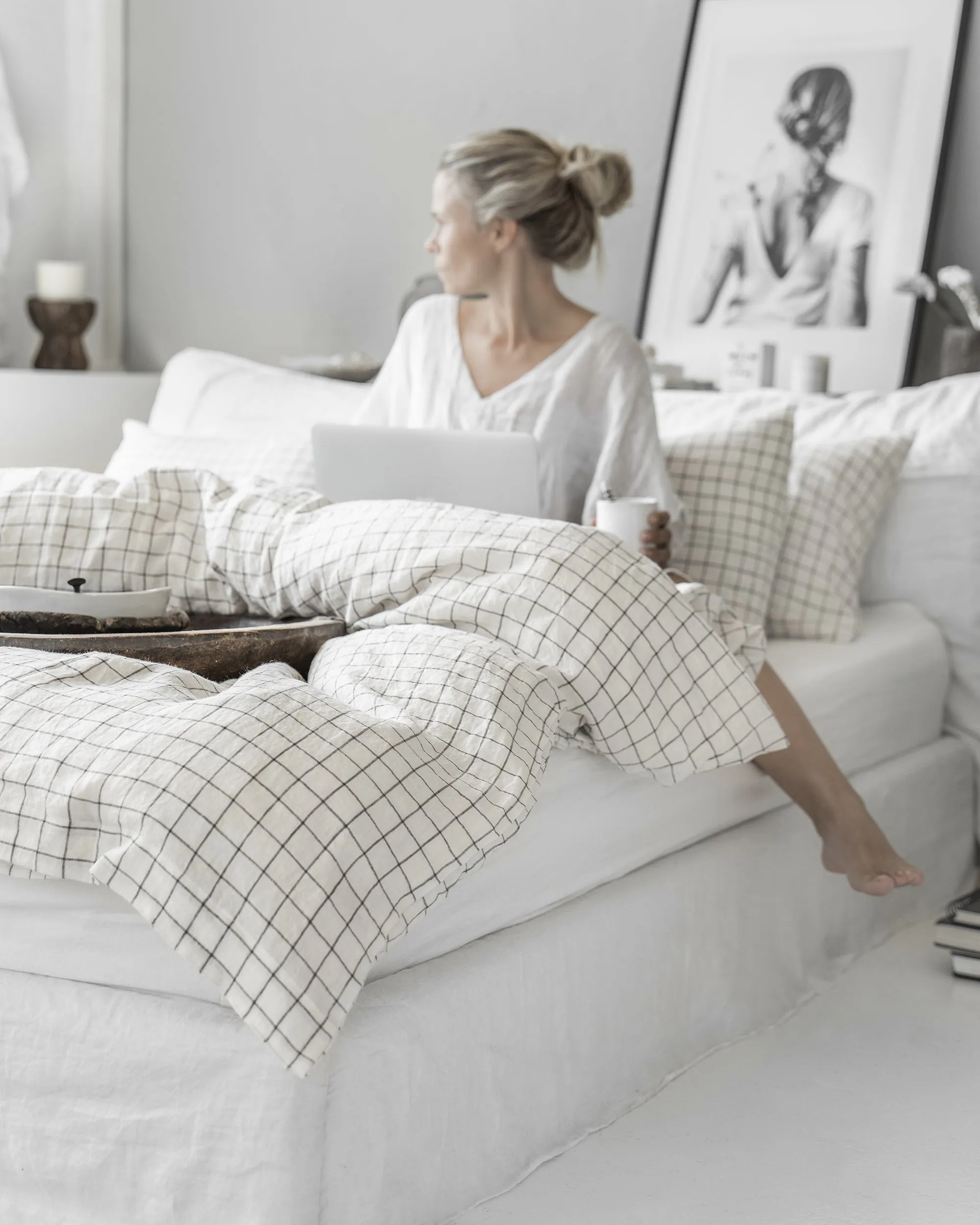 Custom size (inch) linen duvet cover in Charcoal grid