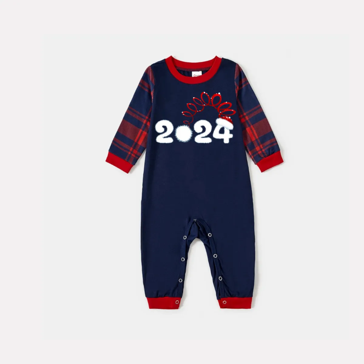 Cute 2024 Pattern Prints Blue Long Sleeves Top with Red & Blue Plaid Pants Family Matching Pajamas