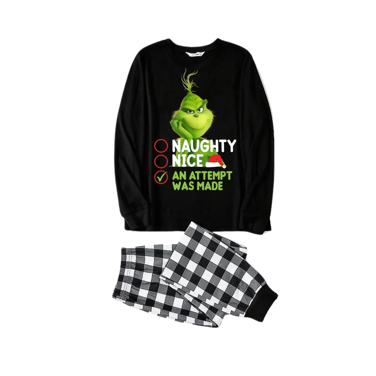 Cute Cartoon Pattern and Slogan Text Printed Black and White Plaid Family Matching Pajamas