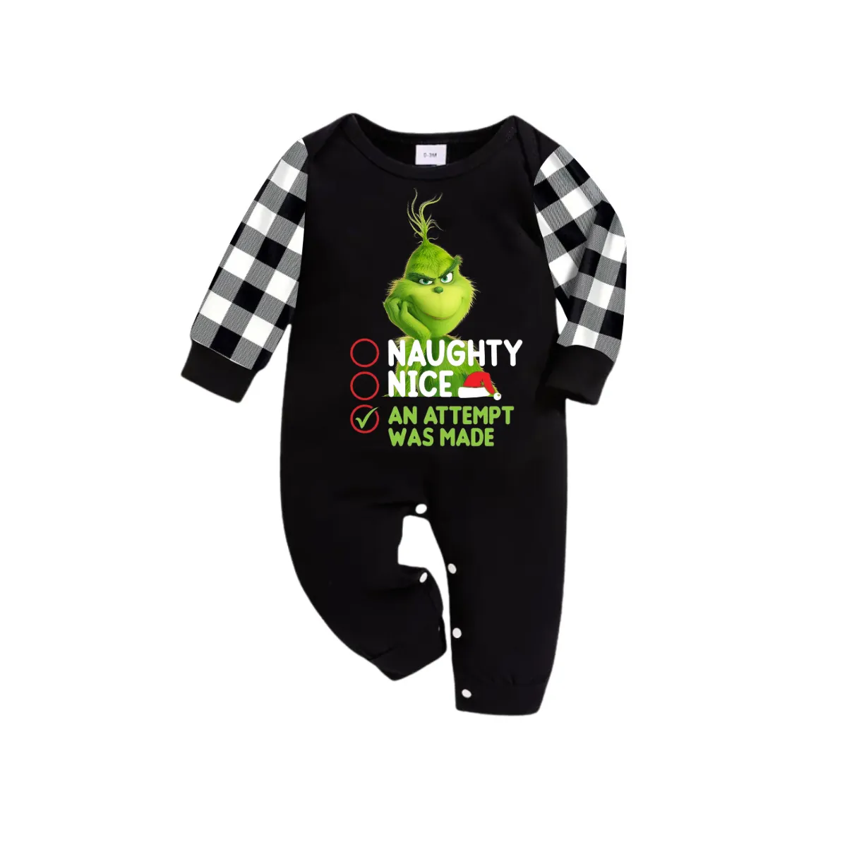 Cute Cartoon Pattern and Slogan Text Printed Black and White Plaid Family Matching Pajamas