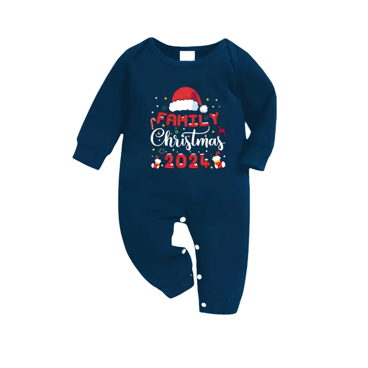 Cute "Family Christmas 2024" and Santa Hat Pattern Printed Blue Plaid Christmas Matching Pajamas