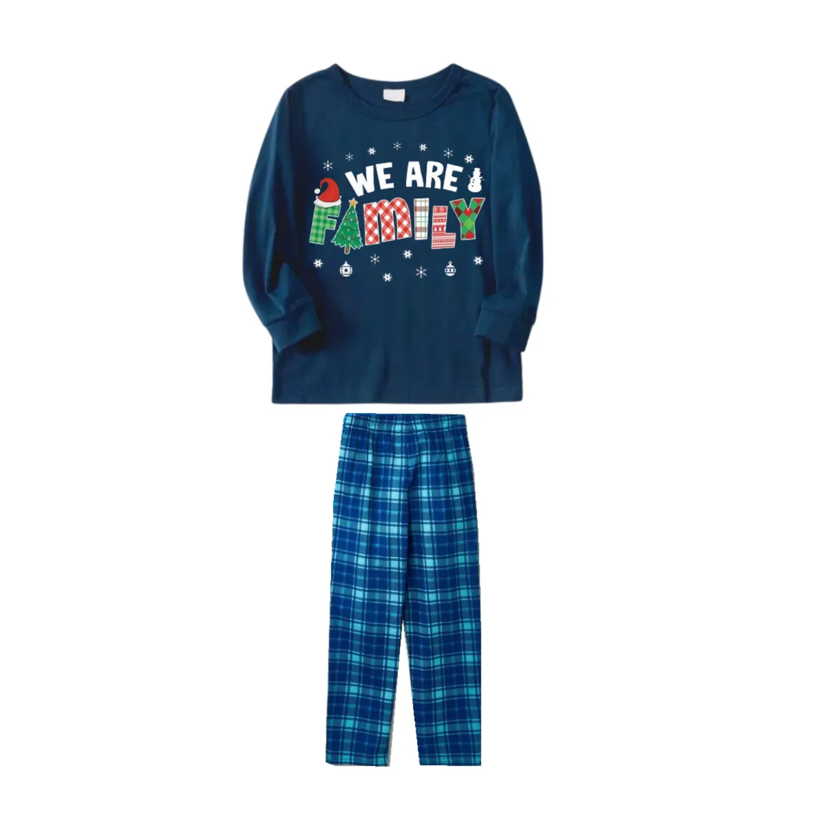 Cute "We are Family" Print Blue Long Sleeve Top With Blue Plaid Family Matching Pajamas