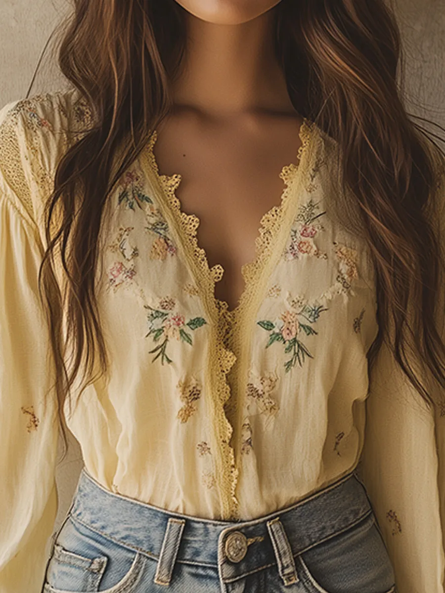 Elegant Yellow Floral Embroidery Blouse