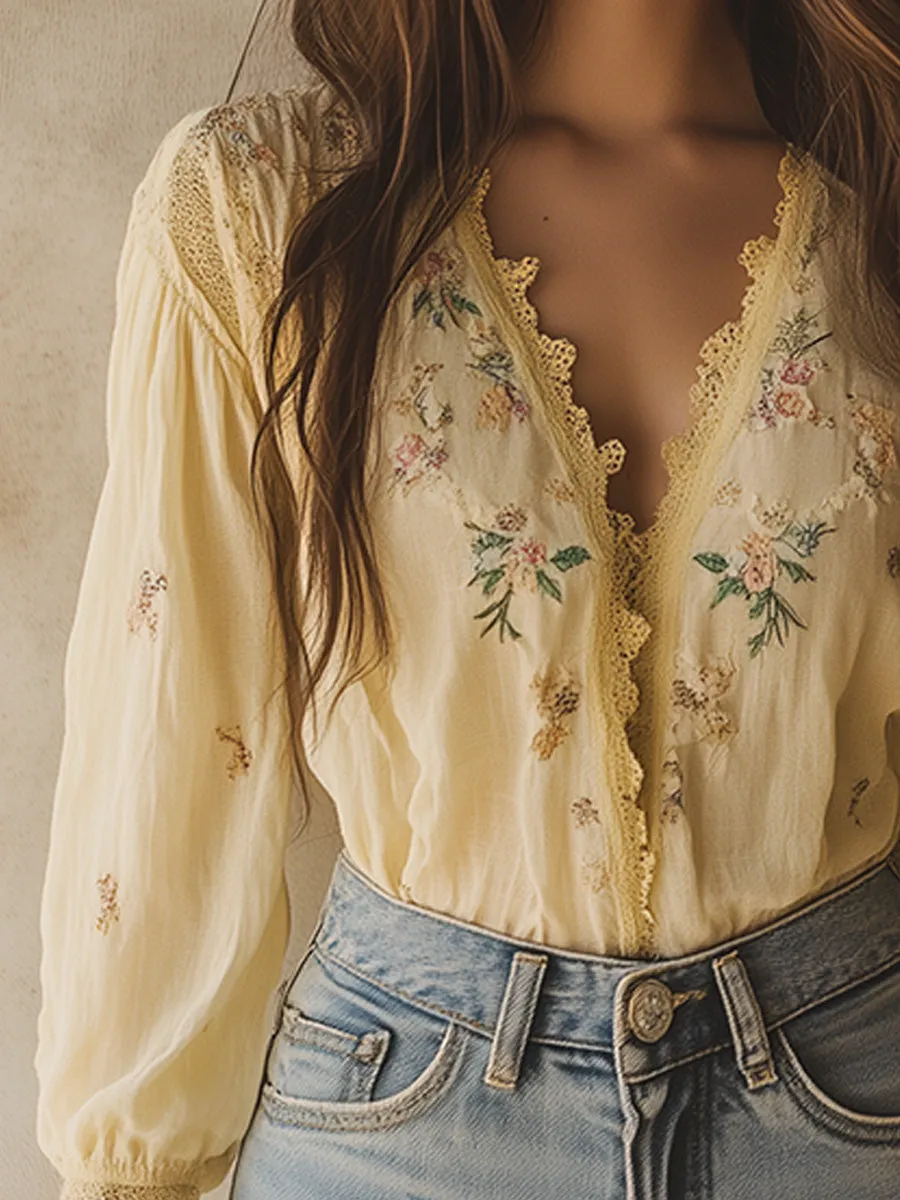 Elegant Yellow Floral Embroidery Blouse