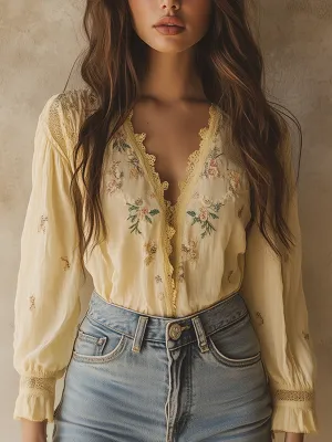 Elegant Yellow Floral Embroidery Blouse
