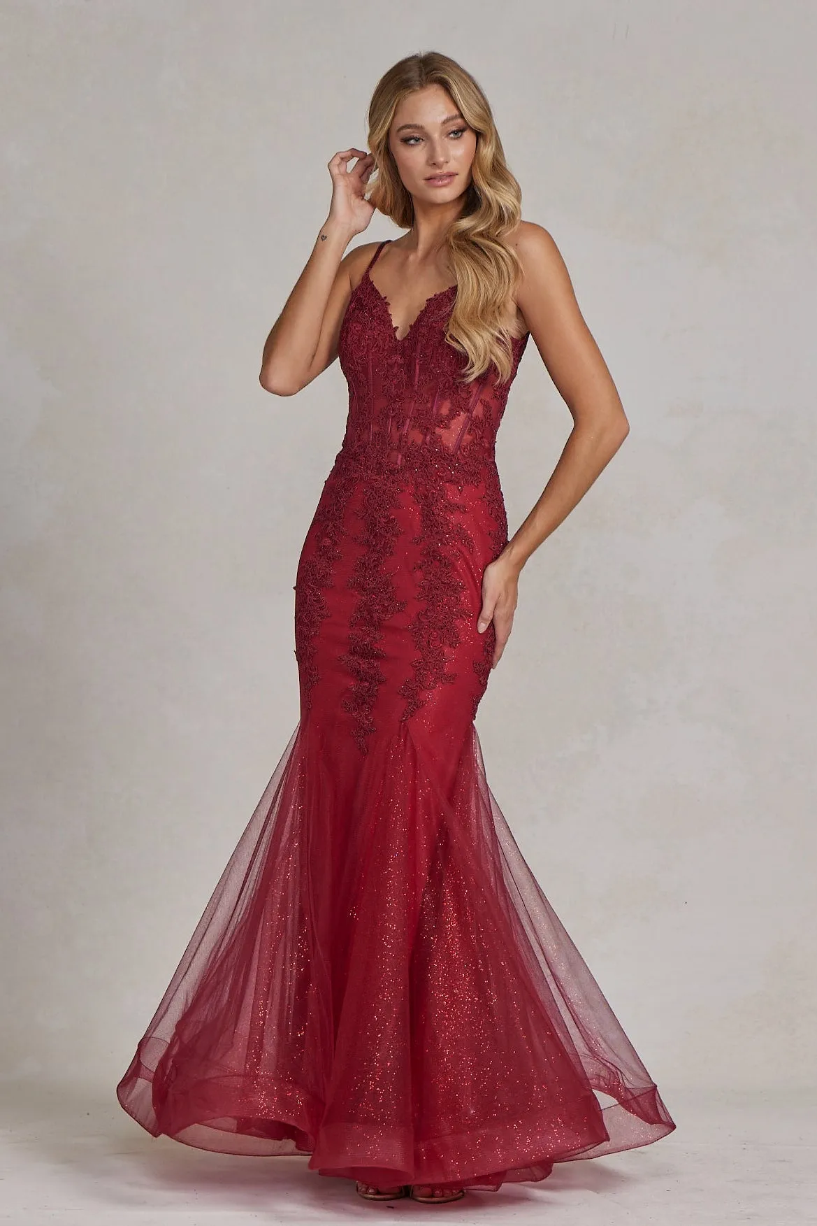 Embroidered Bodice Tulle Skirt Mermaid Long Prom Dress NXP1170