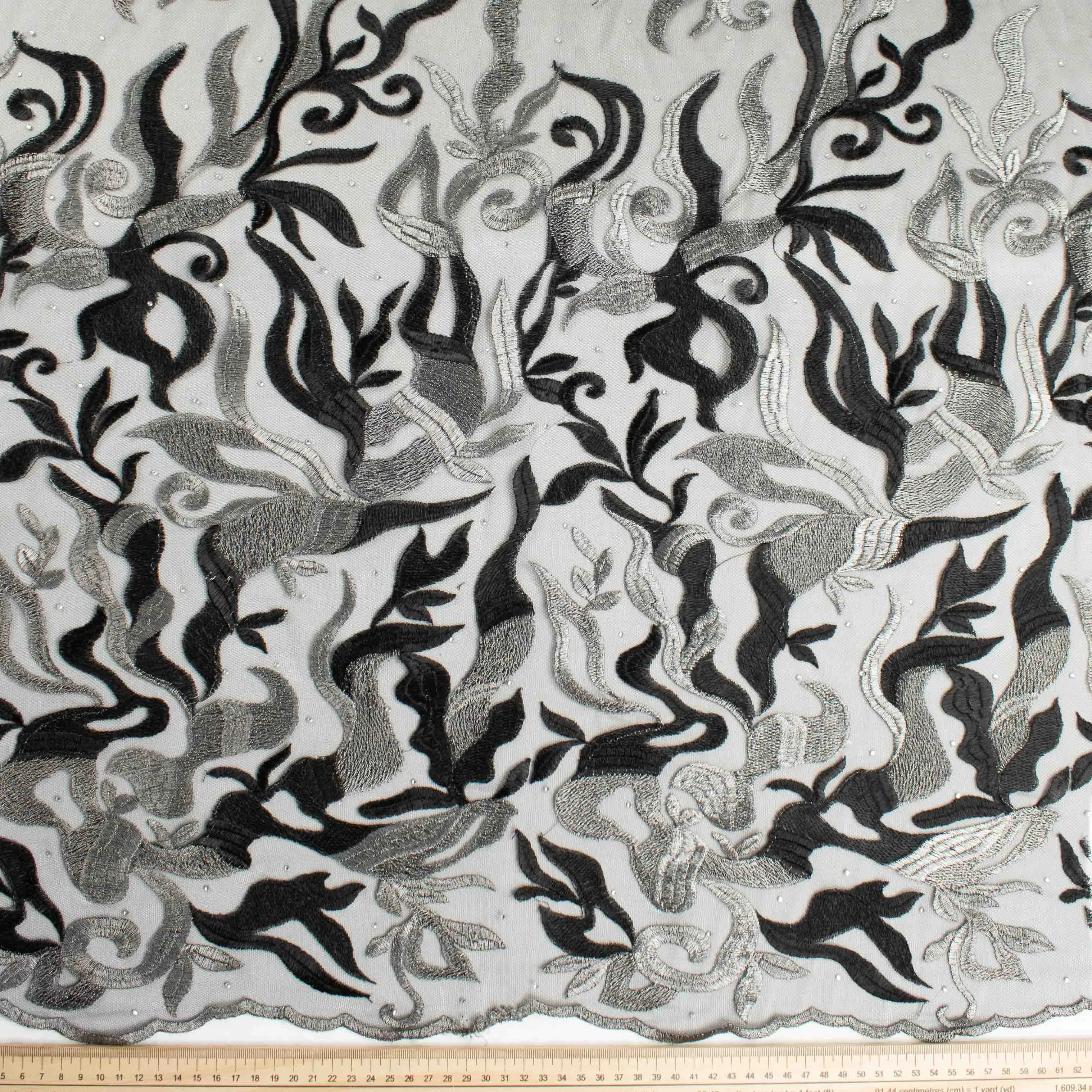Embroidered Diamante Lace Design-5 Silver & Black
