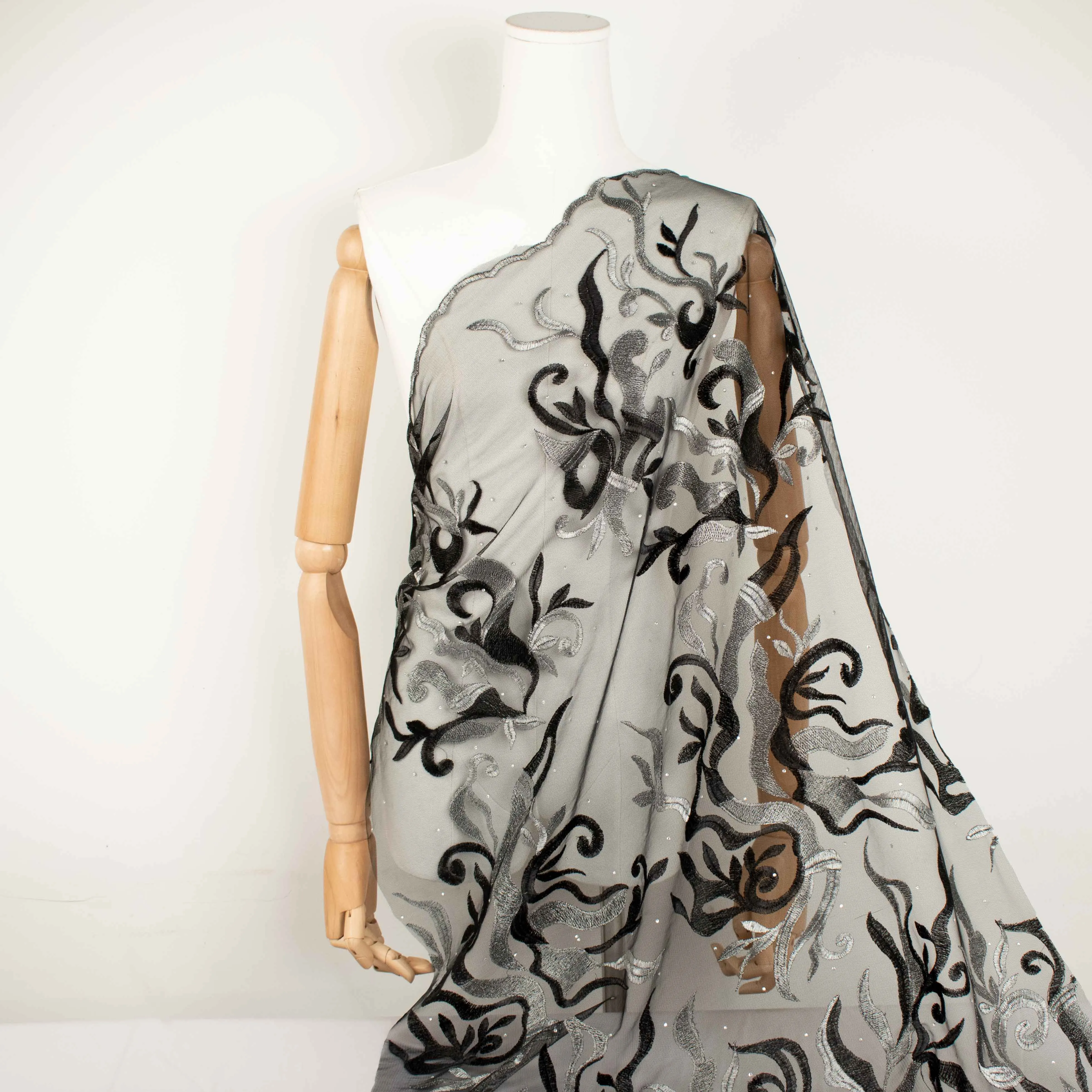 Embroidered Diamante Lace Design-5 Silver & Black