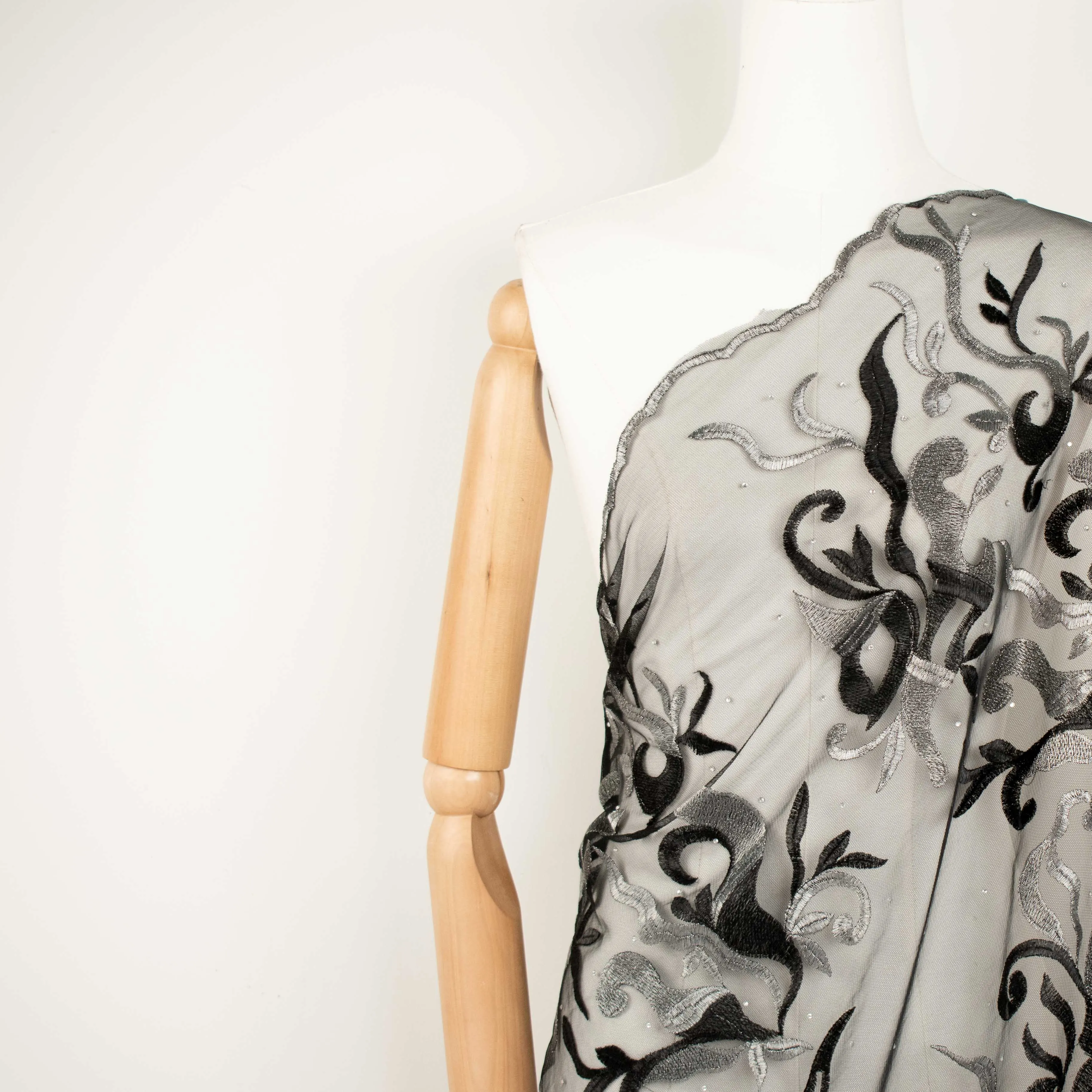 Embroidered Diamante Lace Design-5 Silver & Black