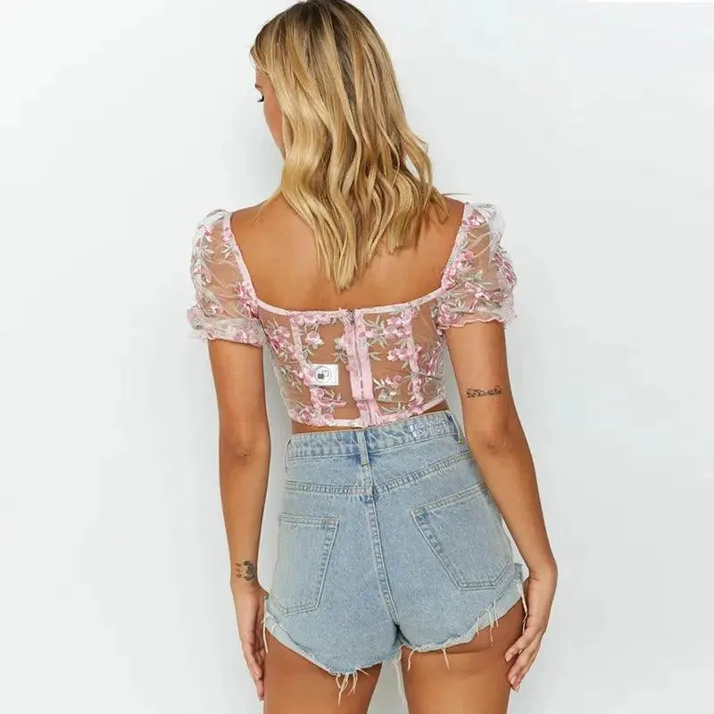 Embroidered Mesh Short T-Shirt