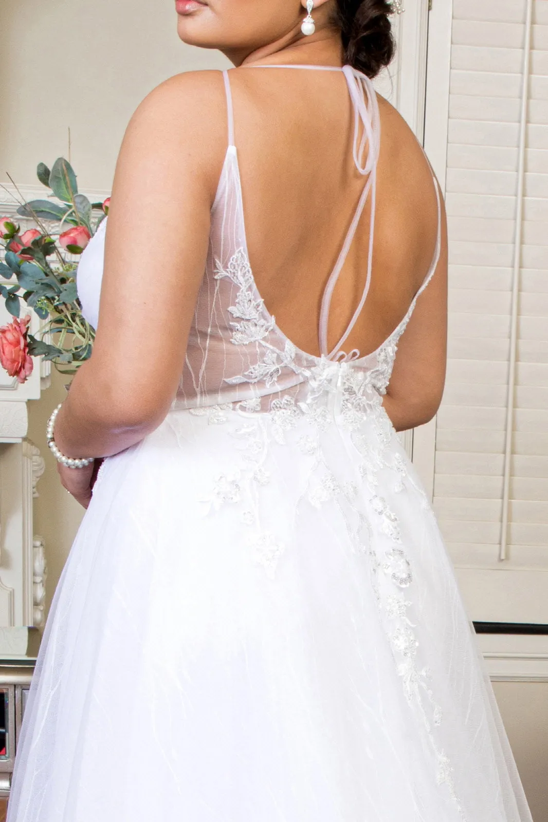 Embroidered Sheer Bodice V-Neck Wedding Gown with Tail