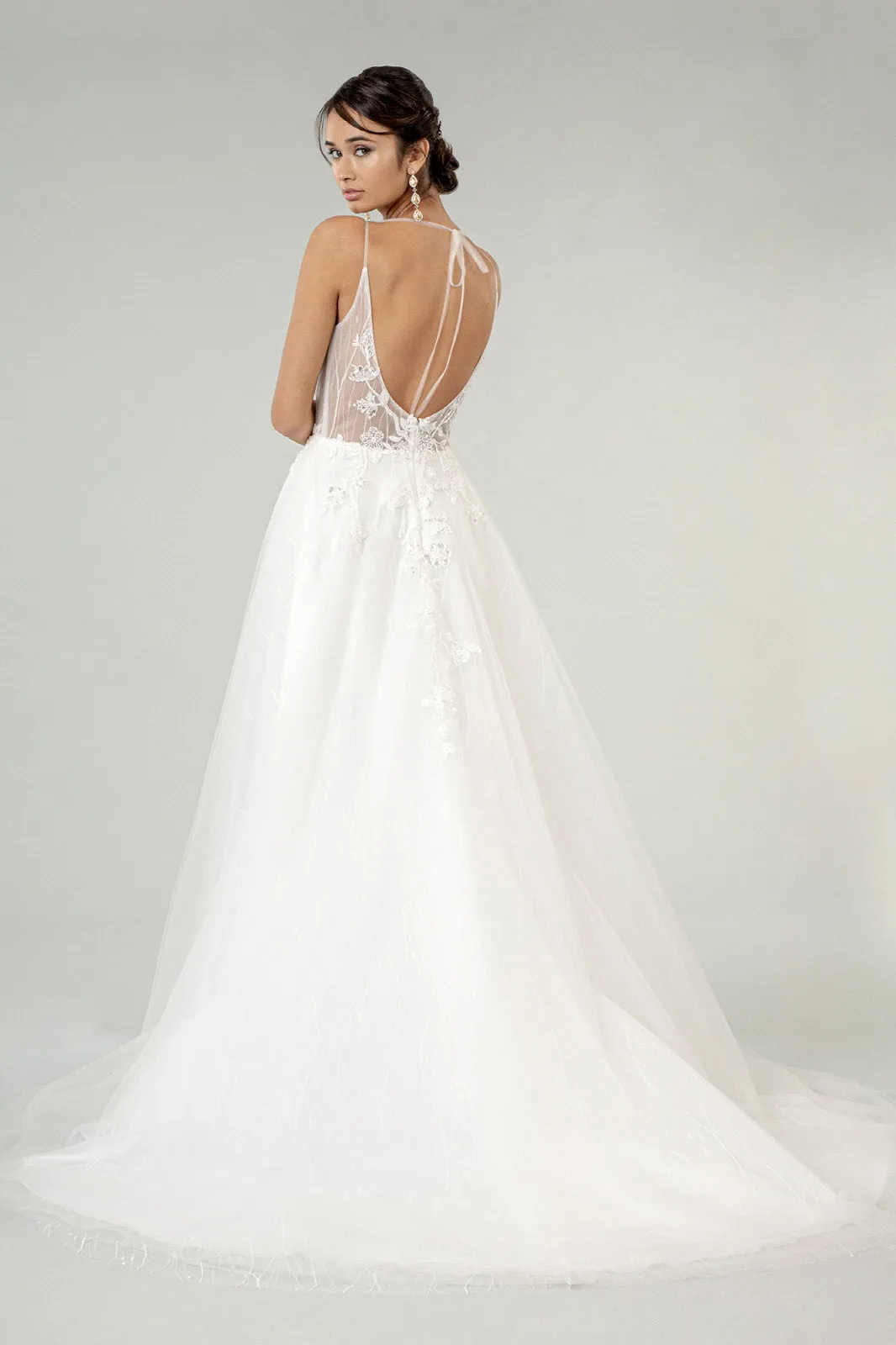 Embroidered Sheer Bodice V-Neck Wedding Gown with Tail