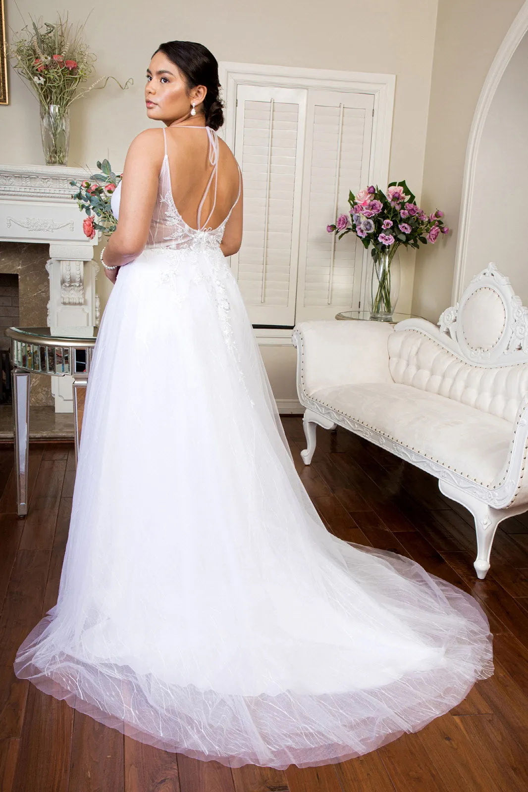 Embroidered Sheer Bodice V-Neck Wedding Gown with Tail
