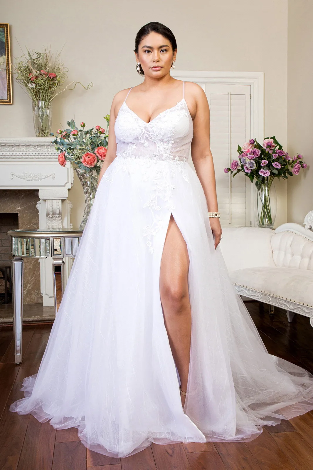 Embroidered Sheer Bodice V-Neck Wedding Gown with Tail