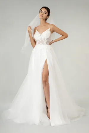 Embroidered Sheer Bodice V-Neck Wedding Gown with Tail