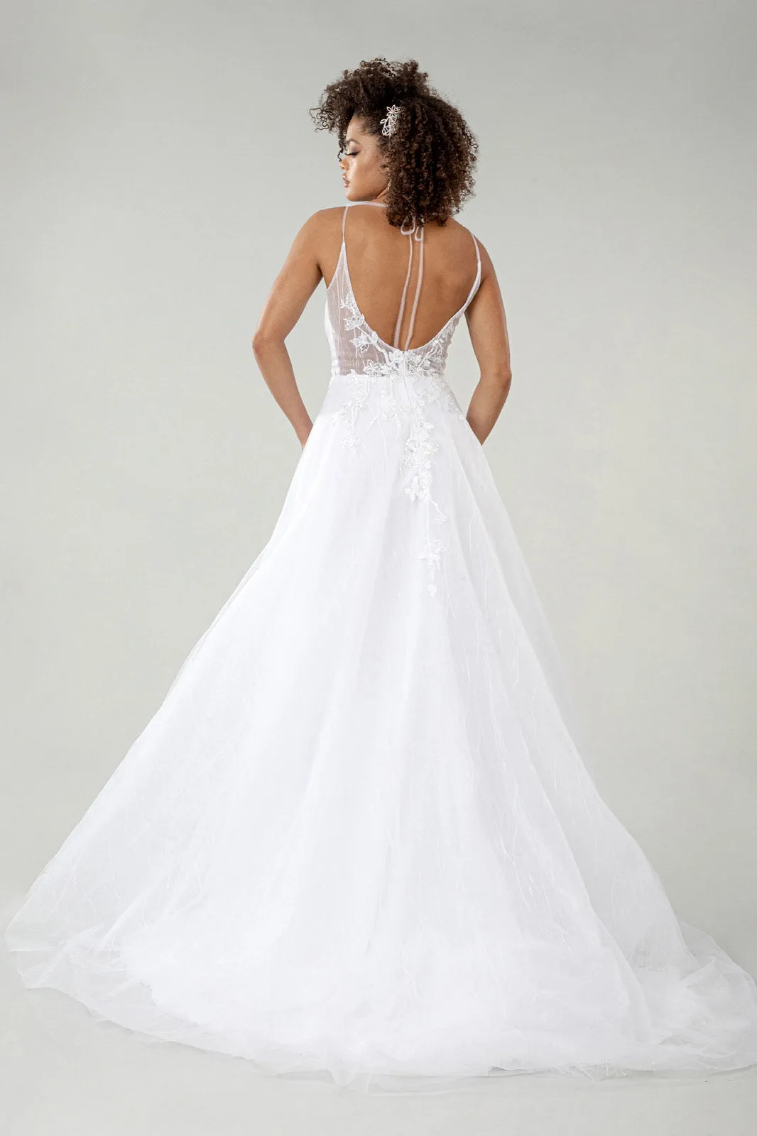 Embroidered Sheer Bodice V-Neck Wedding Gown with Tail