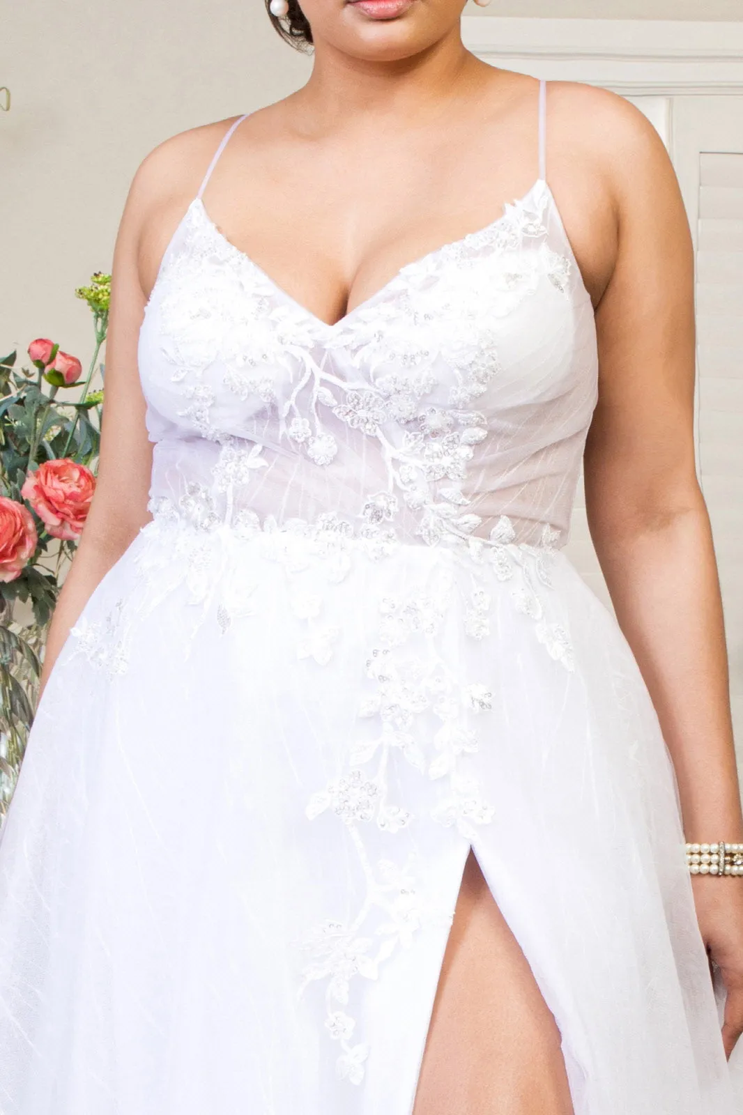 Embroidered Sheer Bodice V-Neck Wedding Gown with Tail