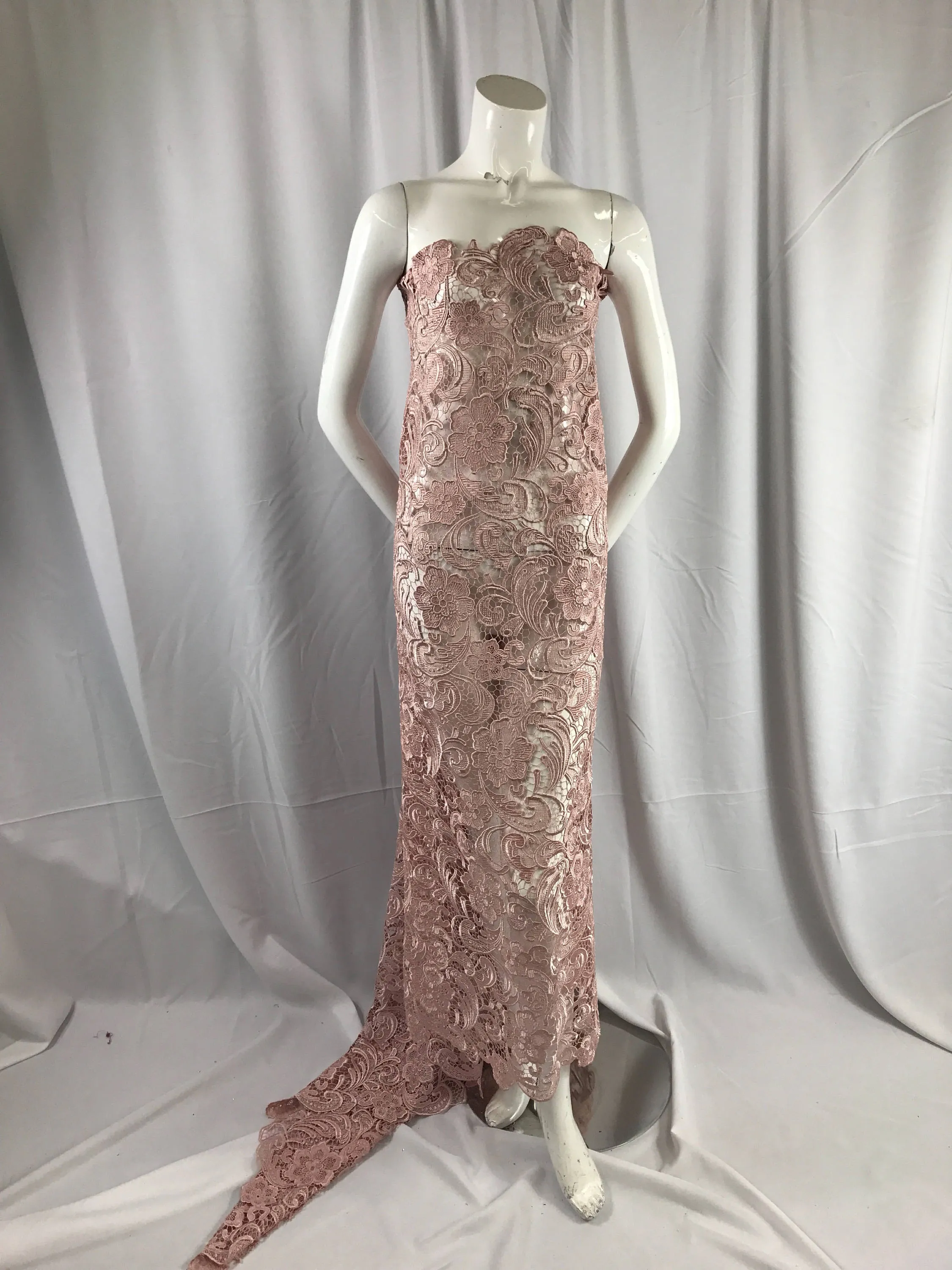 Fascinating dusty rose light weight guipure design-prom-nightgown-decorations-apparel-fashion-dresses-sold by the yard.
