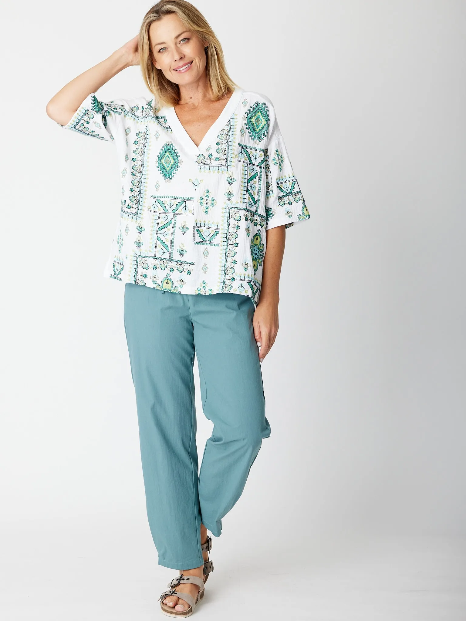 Folk Full Embroidery Top - White Emerald 30261