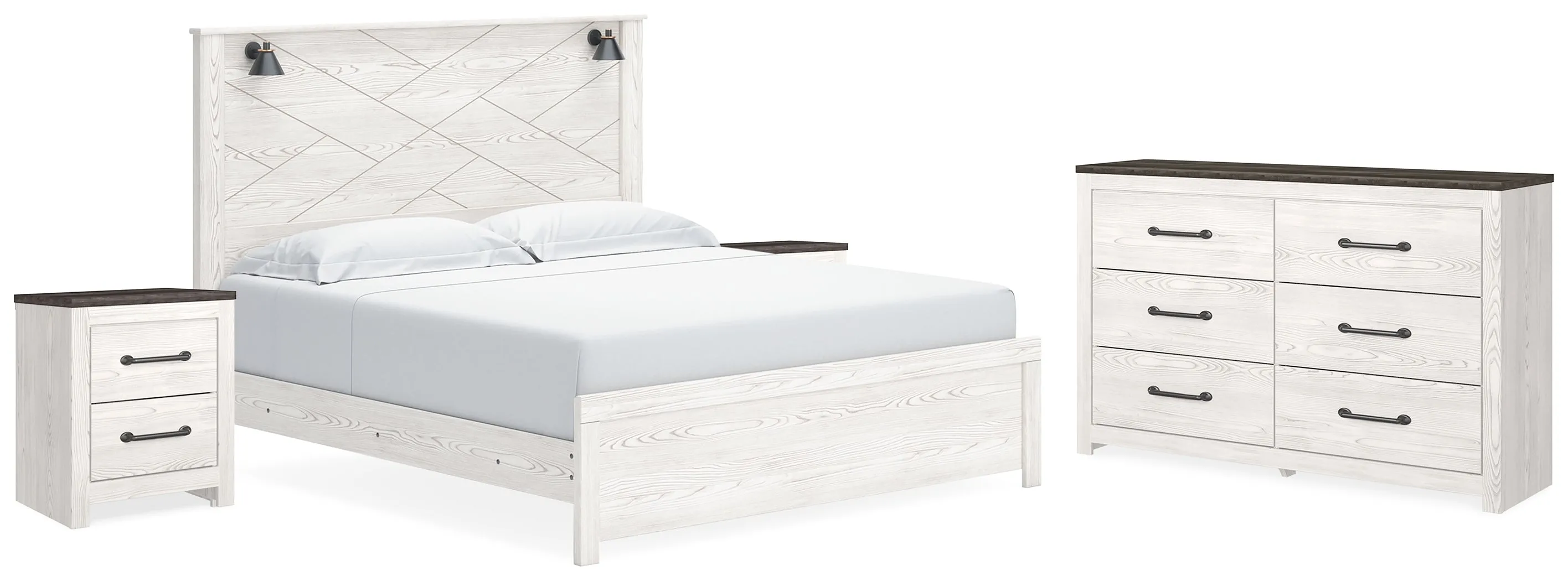 Gerridan King Panel Bed with Dresser and 2 Nightstands in White/Gray