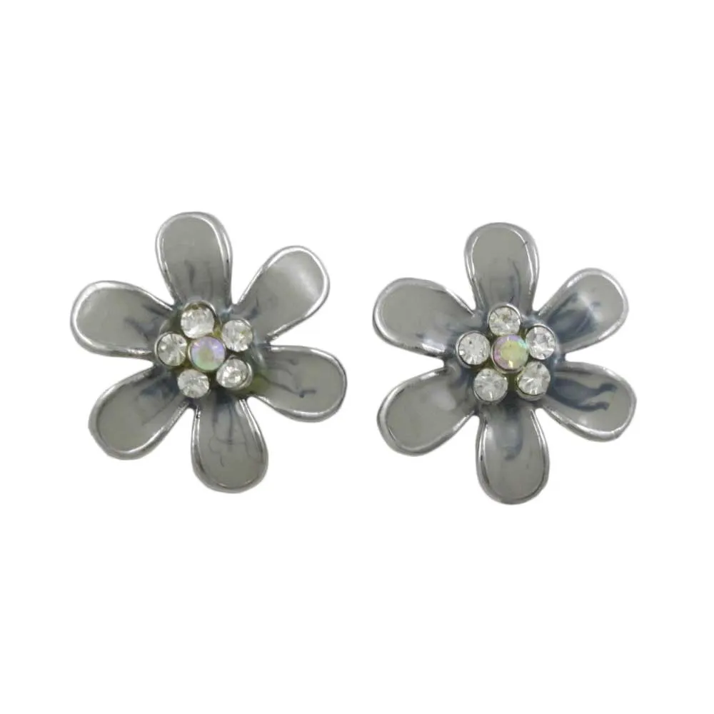 Gray and Blue Enamel Daisy with Crystals Pierced Earring - PRL909E