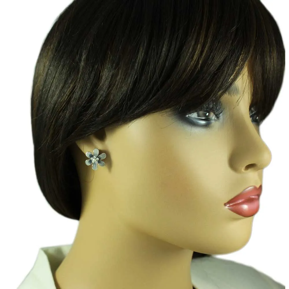 Gray and Blue Enamel Daisy with Crystals Pierced Earring - PRL909E