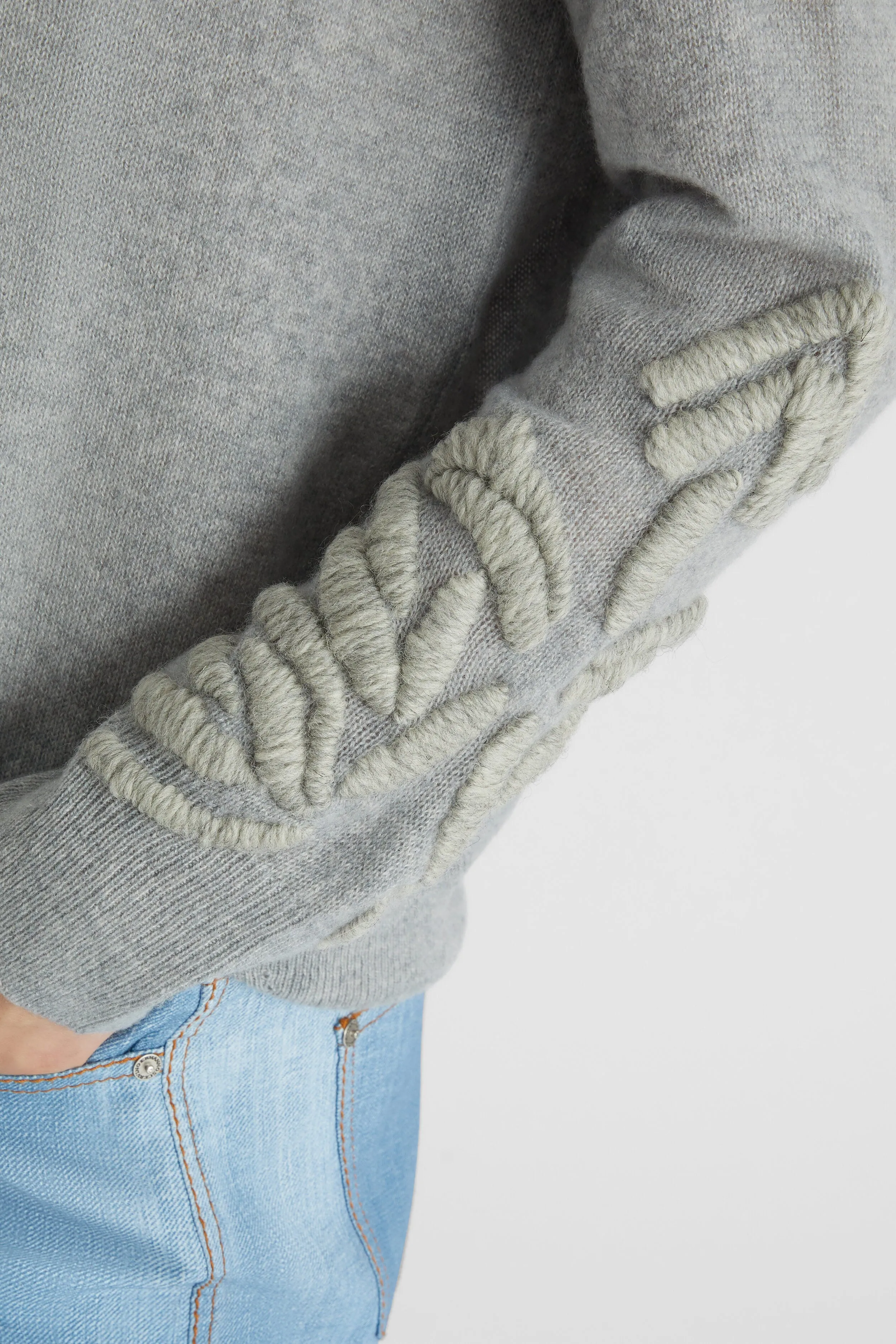 Gray oversized pure cashmere sweater with handmade floral embroidery