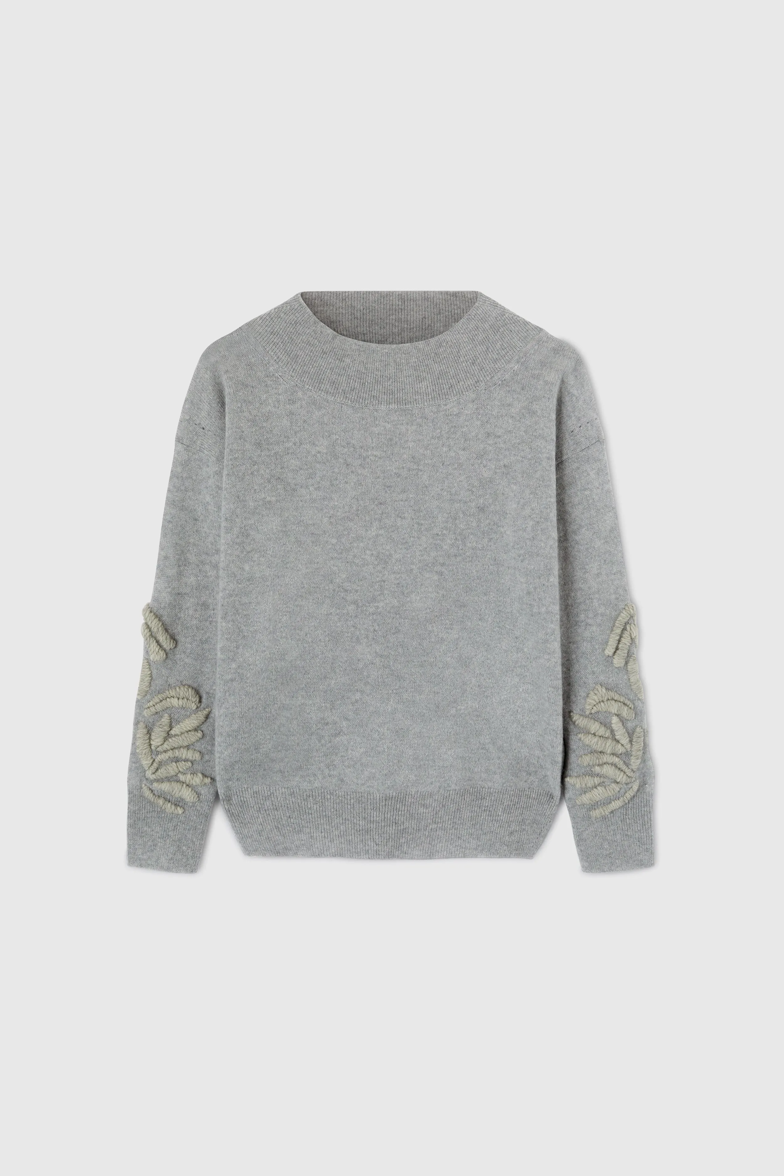 Gray oversized pure cashmere sweater with handmade floral embroidery