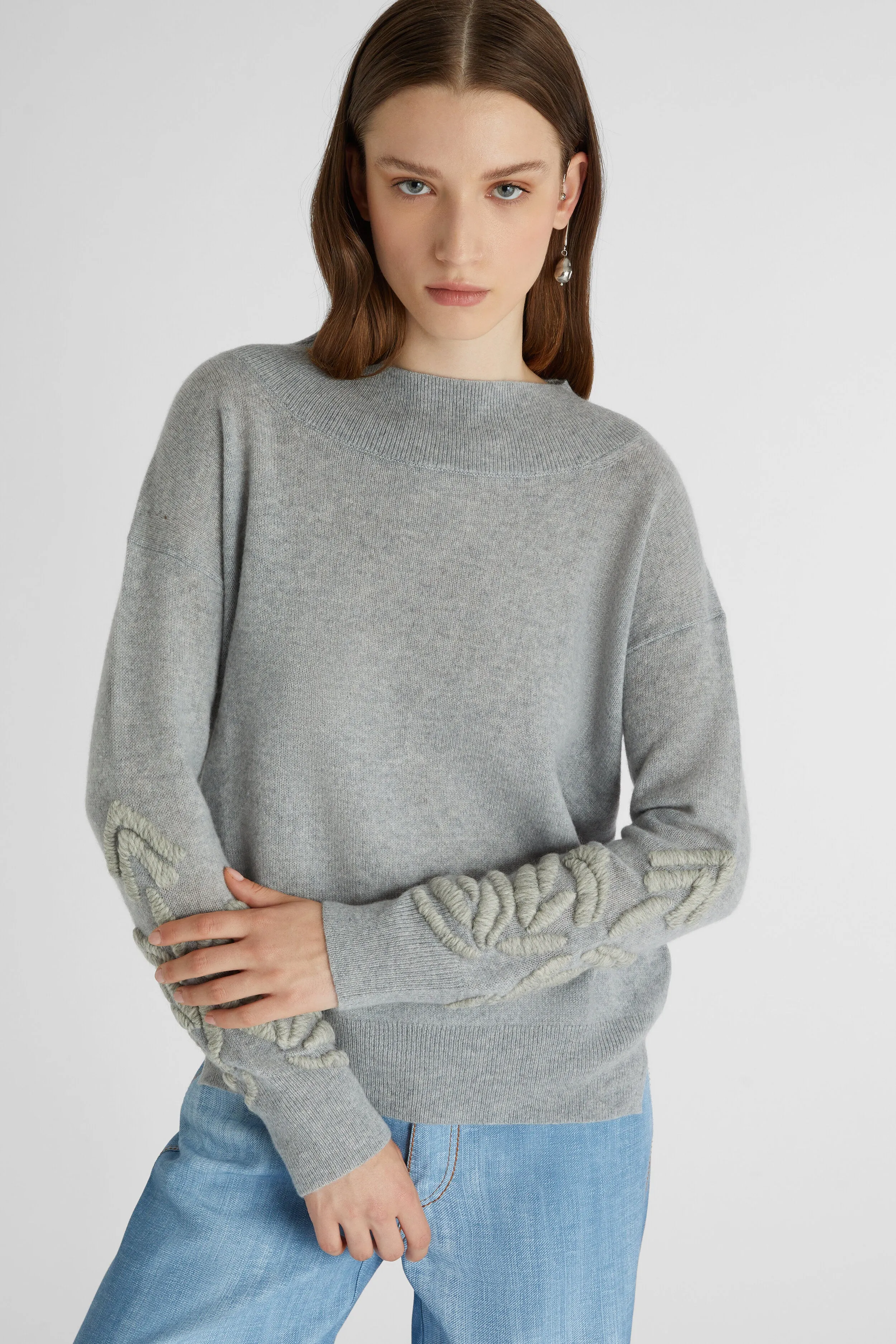 Gray oversized pure cashmere sweater with handmade floral embroidery