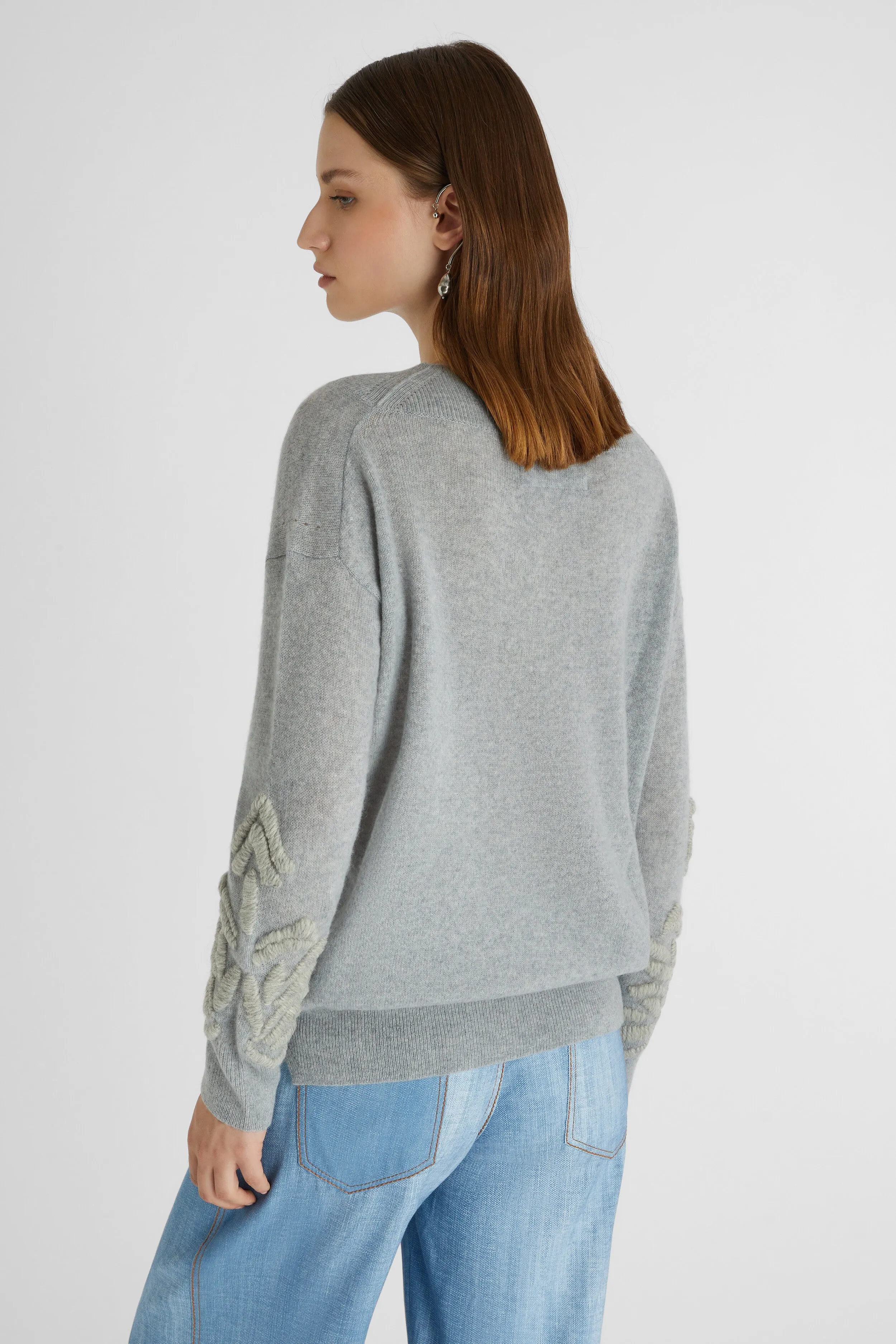 Gray oversized pure cashmere sweater with handmade floral embroidery
