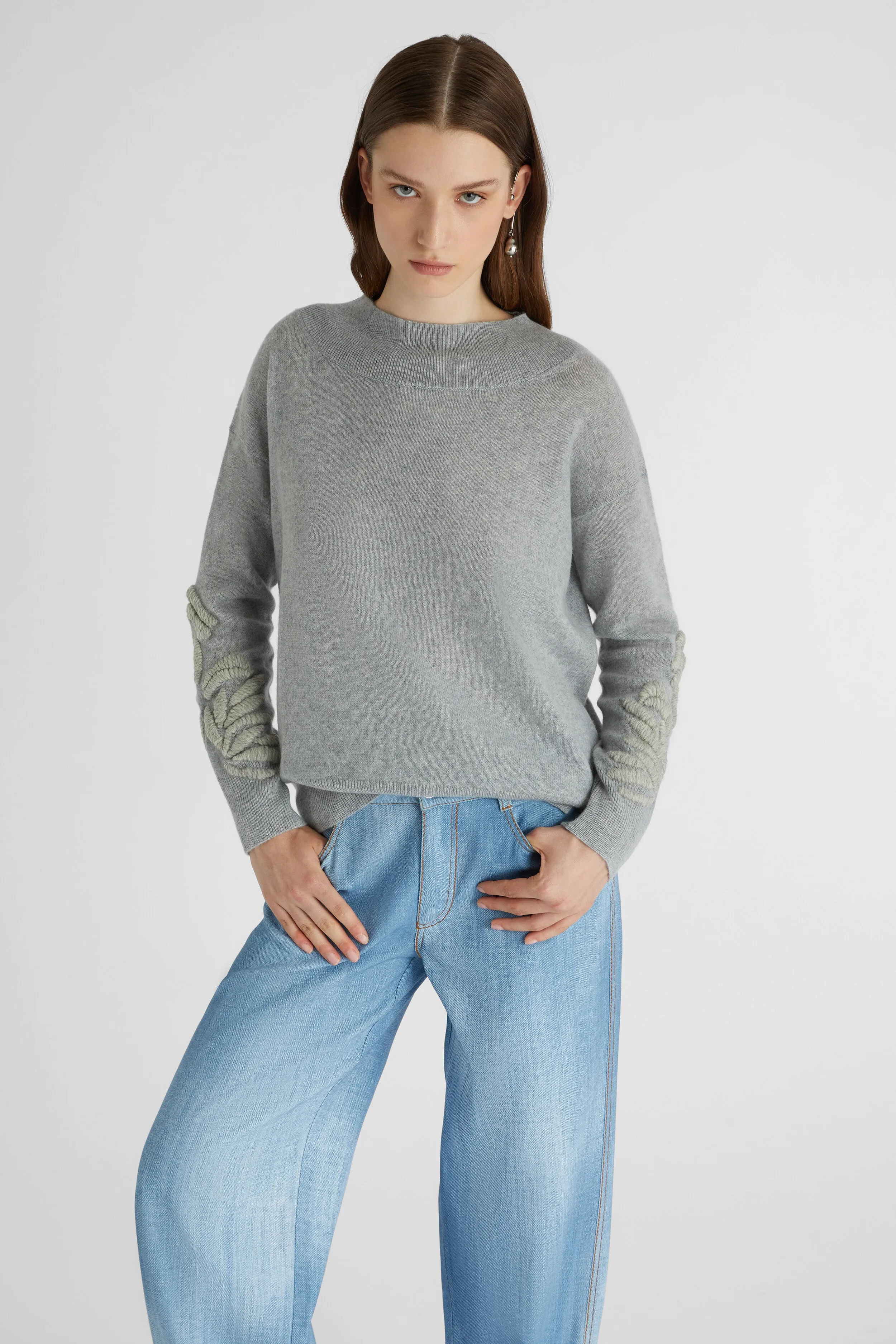 Gray oversized pure cashmere sweater with handmade floral embroidery