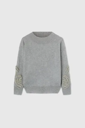 Gray oversized pure cashmere sweater with handmade floral embroidery