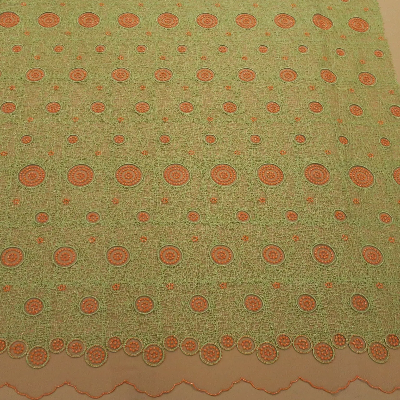 Green and Orange Geometric Circles Embroidered Tulle Fabric