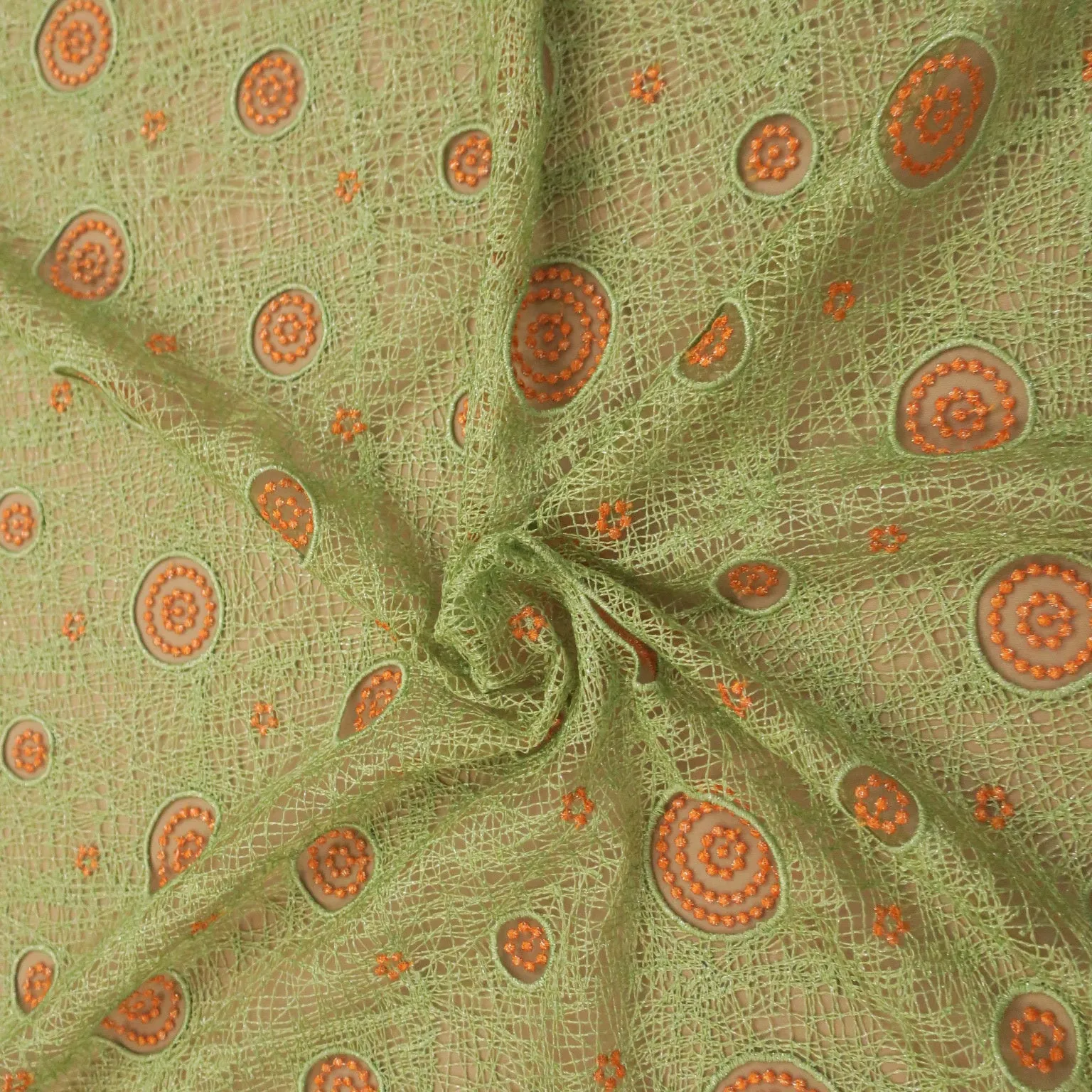 Green and Orange Geometric Circles Embroidered Tulle Fabric