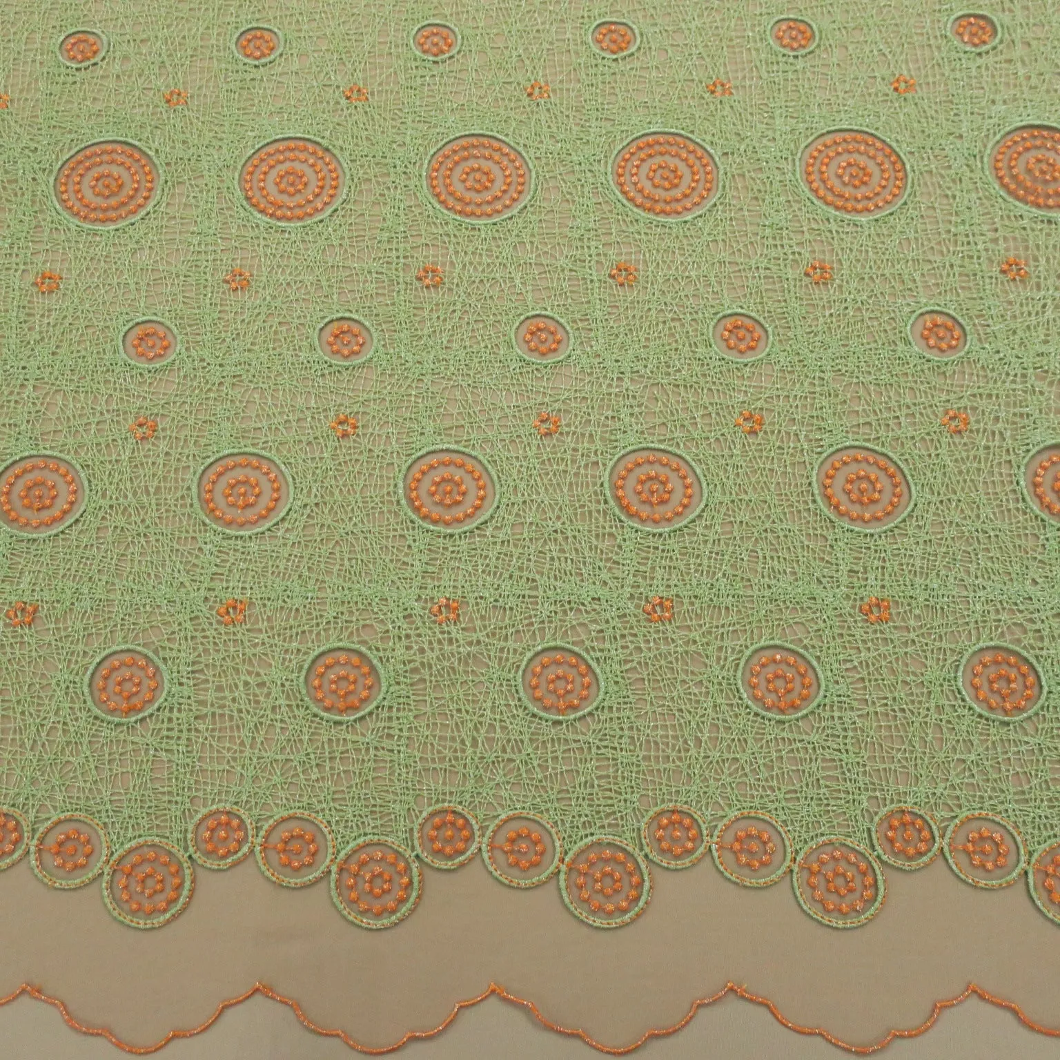 Green and Orange Geometric Circles Embroidered Tulle Fabric