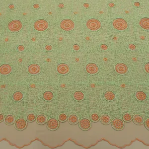 Green and Orange Geometric Circles Embroidered Tulle Fabric