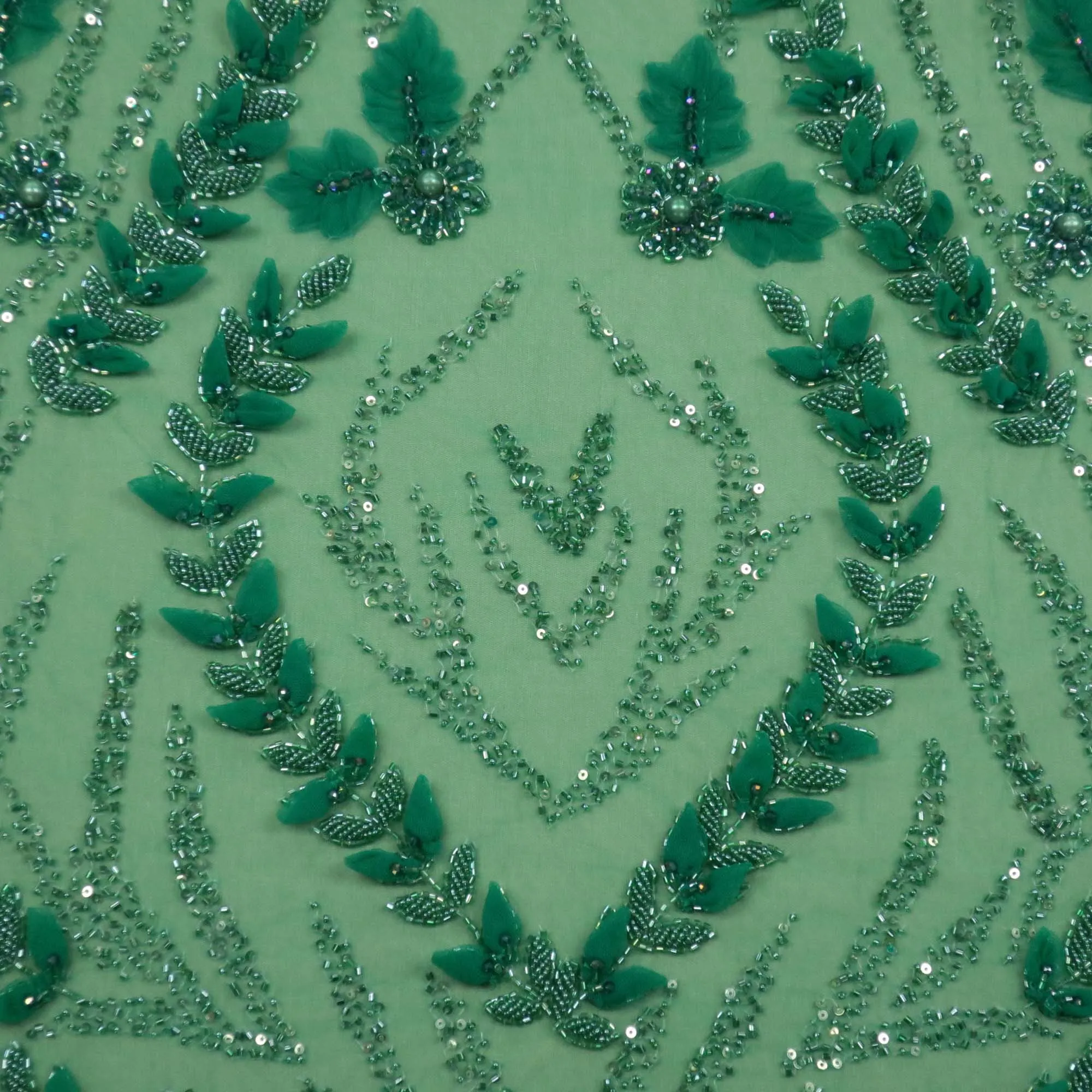 Green Bugle Beads Floral Embroidered Tulle Fabric