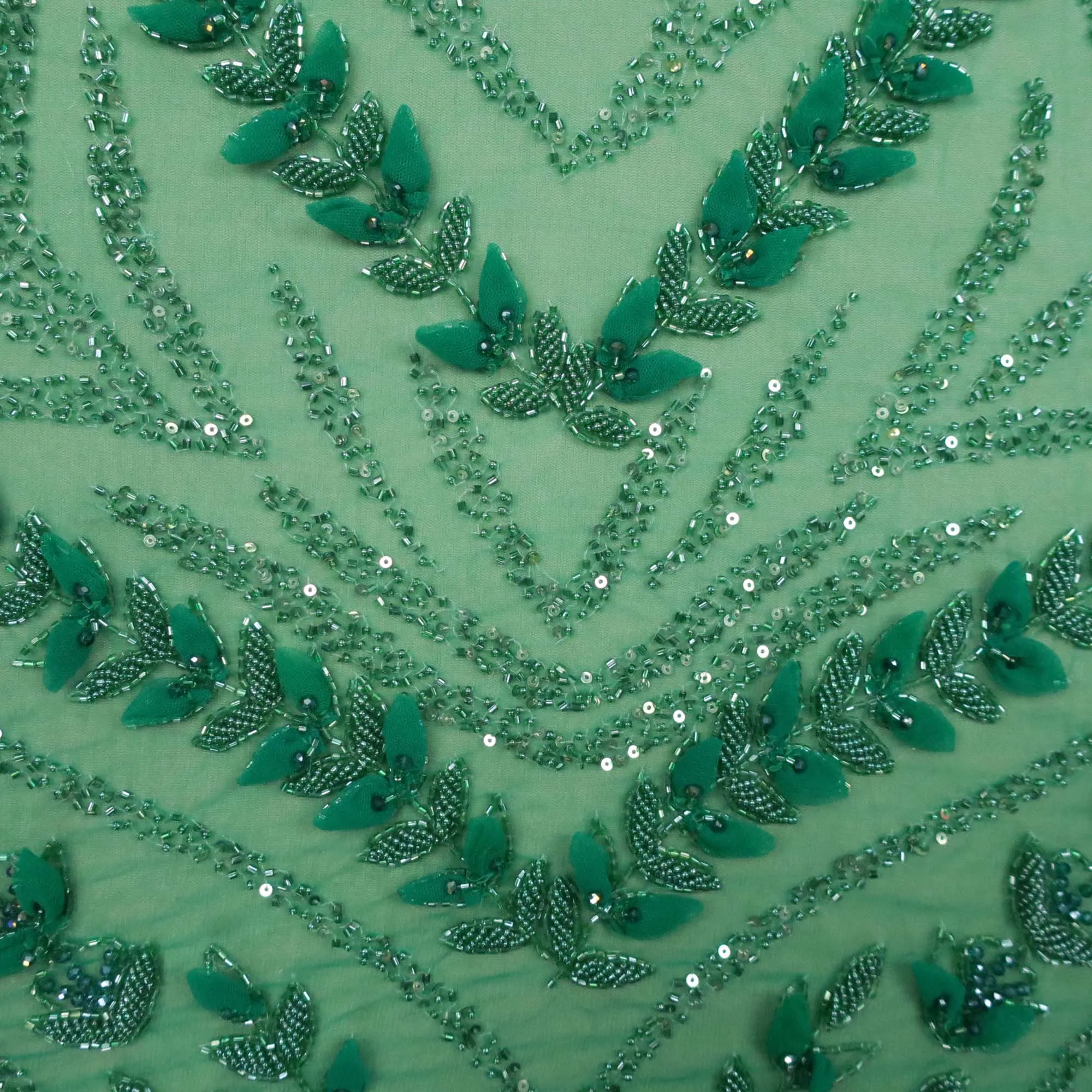 Green Bugle Beads Floral Embroidered Tulle Fabric