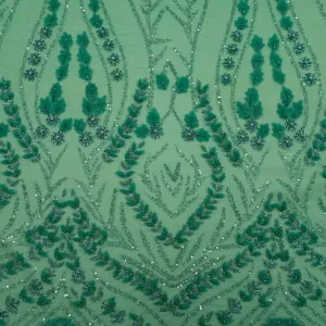 Green Bugle Beads Floral Embroidered Tulle Fabric
